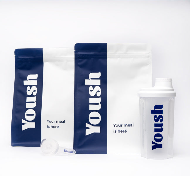 two yoush products in boxes with transparent shaker on white background